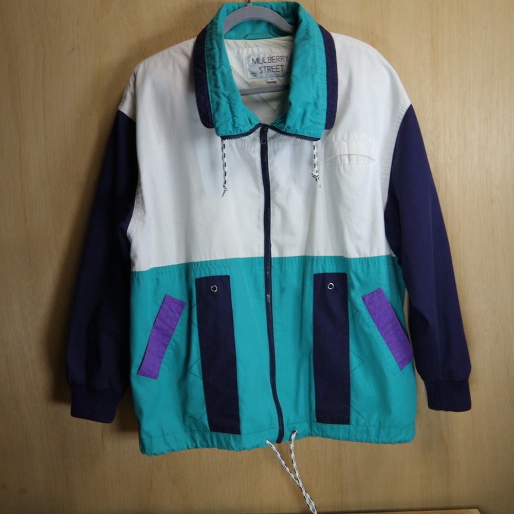 Vintage Mulberry Street Colorblock Windbreaker Jacket Teal Purple White Mens M